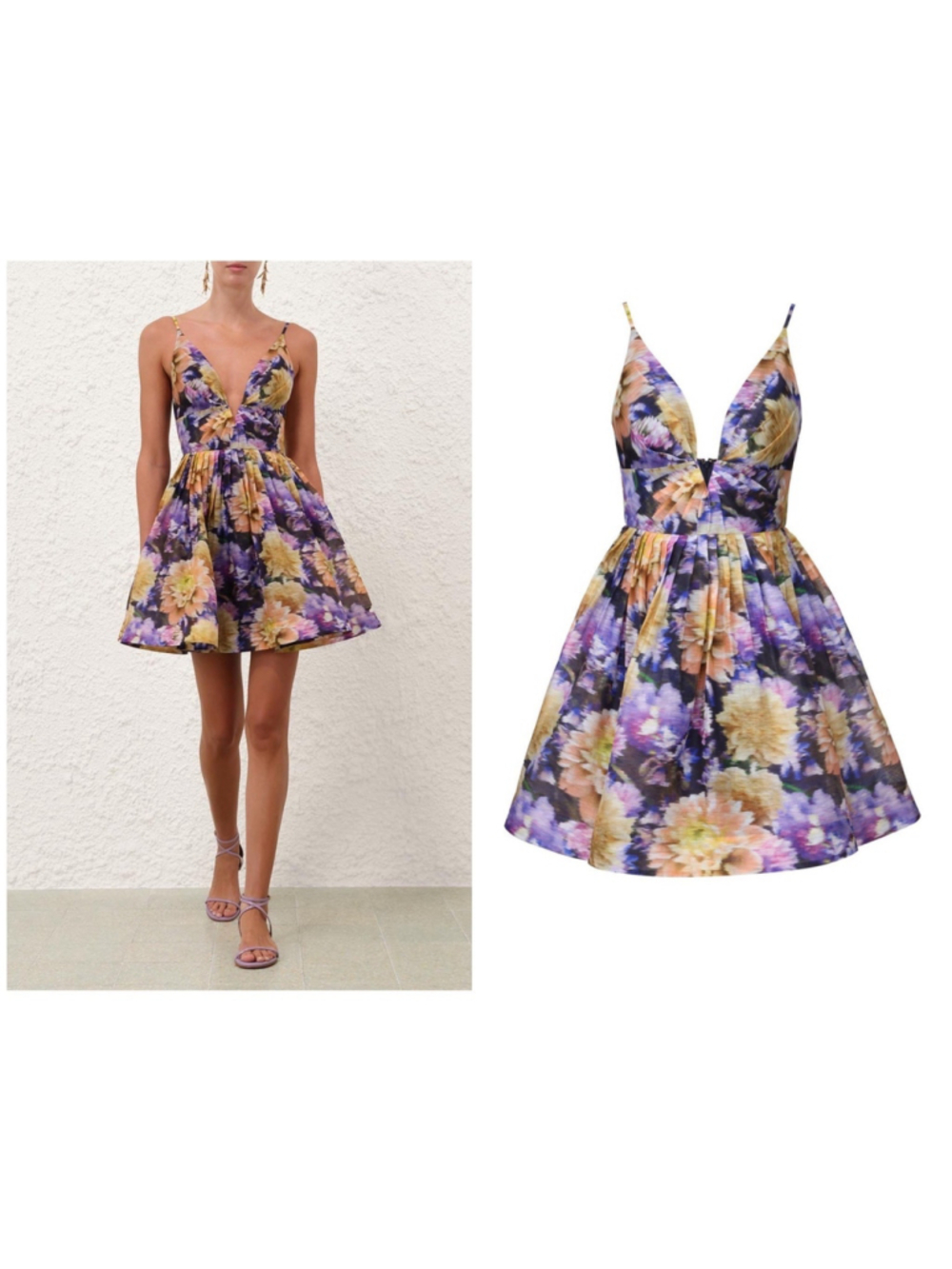 Zimmermann Luna V Neck Mini Dress in Navy Dahlia Floral Linen Silk AU 1 US 6